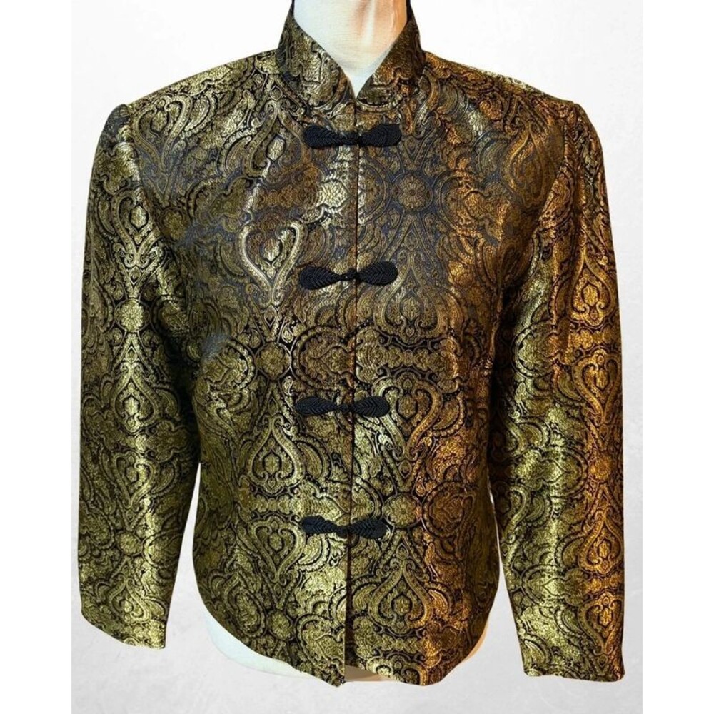 Sheri Martin New York Gold Black Brocade Jacket Size S Mandarin Frog Clasp
